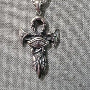Stainless Steel Egyptian Eye of Horus Ankh Sword Pendant Necklace. 24" Chain